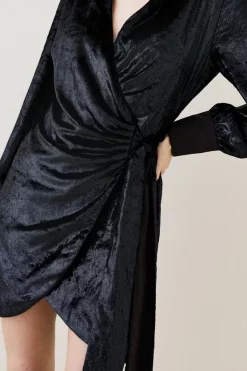 Top 10 🧨 Karen Millen Slinky Velvet Sleeved Wrap Mini 👗 Dress - black 🎁 -Occasionwear Popular Store bkk06181 black xl 1