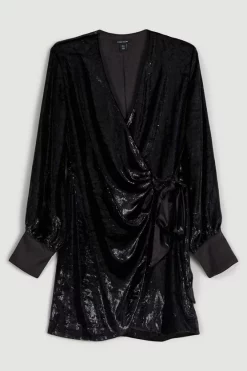 Top 10 🧨 Karen Millen Slinky Velvet Sleeved Wrap Mini 👗 Dress - black 🎁 -Occasionwear Popular Store bkk06181 black xl 3