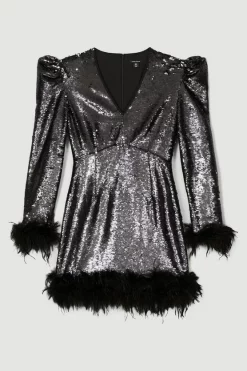 Cheapest 🥰 Karen Millen Feather & Sequin Strong Shoulder Mini 👗 Dress - black 🔥 -Occasionwear Popular Store bkk06219 black xl 3