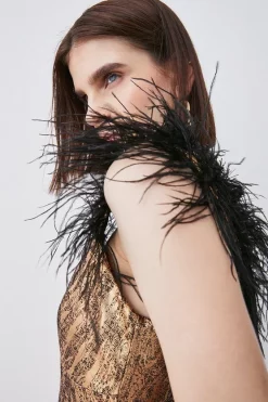 Deals ❤️ Karen Millen Feather Strap Jacquard Mini 👗 Dress 🤩 -Occasionwear Popular Store bkk06232 gold xl 2