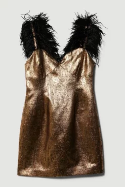Deals ❤️ Karen Millen Feather Strap Jacquard Mini 👗 Dress 🤩 -Occasionwear Popular Store bkk06232 gold xl 3