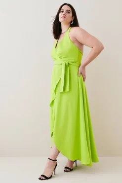 New 🌟 Karen Millen Plus Size Soft Tailored Waterfall Halter Midi 👗 Dress - lime 🥰