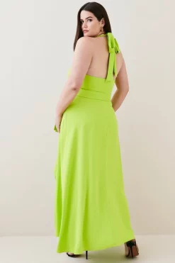 New 🌟 Karen Millen Plus Size Soft Tailored Waterfall Halter Midi 👗 Dress - lime 🥰 -Occasionwear Popular Store bkk06266 lime xl 4