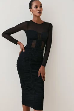 Hot Sale 🤩 Karen Millen Corset Detail Ruched Mesh Jersey Midi 👗 Skirt 🌟