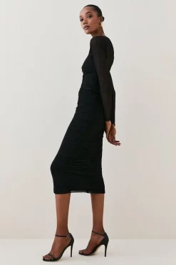 Hot Sale 🤩 Karen Millen Corset Detail Ruched Mesh Jersey Midi 👗 Skirt 🌟 -Occasionwear Popular Store bkk06280 black xl 4