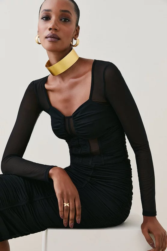 New 🌟 Karen Millen Corset Detail Ruched Mesh Jersey Top - black 🎁 3 New 🌟 Karen Millen Corset Detail Ruched Mesh Jersey Top - black 🎁
