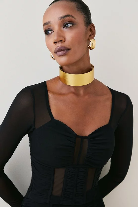 New 🌟 Karen Millen Corset Detail Ruched Mesh Jersey Top - black 🎁 4 New 🌟 Karen Millen Corset Detail Ruched Mesh Jersey Top - black 🎁 - Image 2