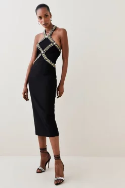 Flash Sale 😉 Karen Millen Embellished Halter Figure Form Midi 👗 Dress - black 👏 -Occasionwear Popular Store bkk06325 black xl 1