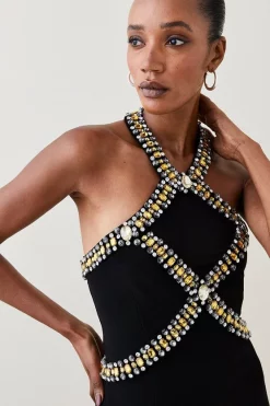Flash Sale 😉 Karen Millen Embellished Halter Figure Form Midi 👗 Dress - black 👏 -Occasionwear Popular Store bkk06325 black xl 2
