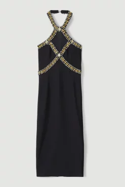 Flash Sale 😉 Karen Millen Embellished Halter Figure Form Midi 👗 Dress - black 👏 -Occasionwear Popular Store bkk06325 black xl 4