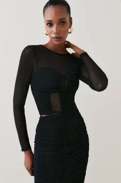 Cheapest 🎉 Karen Millen Corset Detail Ruched Mesh Jersey Cropped Top - black 👍