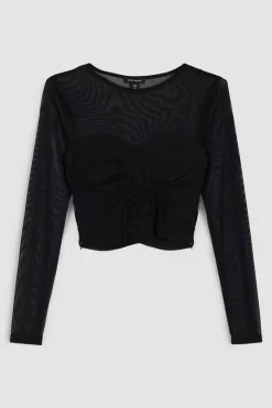 Cheapest 🎉 Karen Millen Corset Detail Ruched Mesh Jersey Cropped Top - black 👍 -Occasionwear Popular Store bkk06331 black xl 3