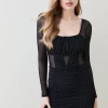 Best deal 🥰 Karen Millen Corset Detail Ruched Mesh Jersey Mini 👗 Dress - black 🥰 -Occasionwear Popular Store bkk06332 black xl