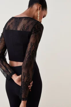 Promo ✔️ Karen Millen Lace Corset Detail Ponte Top - black 🧨 -Occasionwear Popular Store bkk06352 black xl 2