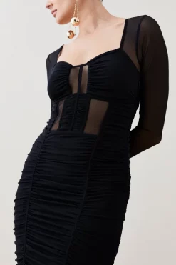 Cheapest ⭐ Karen Millen Corset Detail Ruched Mesh Jersey Midi 👗 Dress 🔔 -Occasionwear Popular Store bkk06353 black xl 1