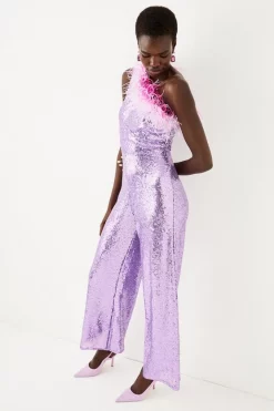 Flash Sale 🤩 Karen Millen Sequin And Feather One Shoulder Jumpsuit - pink 🧨