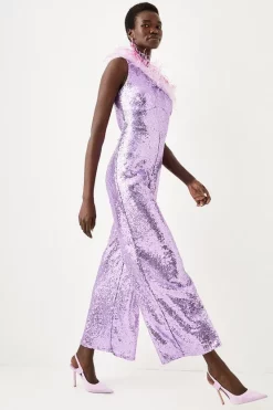 Flash Sale 🤩 Karen Millen Sequin And Feather One Shoulder Jumpsuit - pink 🧨 -Occasionwear Popular Store bkk06380 pink xl 4