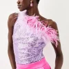 Cheap 🤩 Karen Millen Sequin And Feather One Shoulder Top - pink ⭐ -Occasionwear Popular Store bkk06381 pink xl