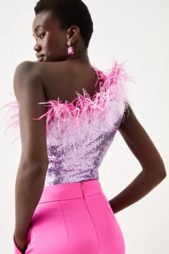 Cheap 🤩 Karen Millen Sequin And Feather One Shoulder Top - pink ⭐ -Occasionwear Popular Store bkk06381 pink xl 2
