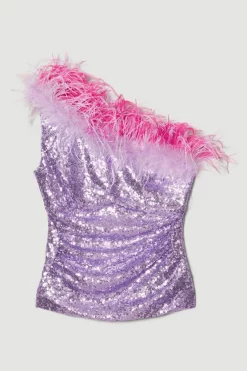 Cheap 🤩 Karen Millen Sequin And Feather One Shoulder Top - pink ⭐ -Occasionwear Popular Store bkk06381 pink xl 3