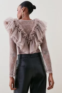 Top 10 🤩 Karen Millen Tulle Lace Jersey Bodysuit - neutral 🎁 -Occasionwear Popular Store bkk06383 neutral xl 3