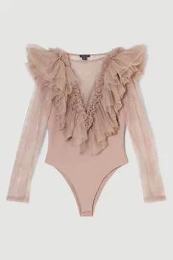 Top 10 🤩 Karen Millen Tulle Lace Jersey Bodysuit - neutral 🎁 -Occasionwear Popular Store bkk06383 neutral xl 4