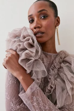 Cheap ⌛ Karen Millen Tulle Lace Jersey Mini 👗 Dress - neutral 🥰 -Occasionwear Popular Store bkk06385 neutral xl 4