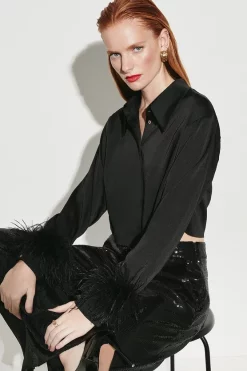 Best reviews of 😉 Karen Millen Feather Cuff Satin Woven 👚 Shirt - black 🎁