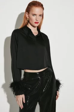 Best reviews of 😉 Karen Millen Feather Cuff Satin Woven 👚 Shirt - black 🎁 -Occasionwear Popular Store bkk06427 black xl 2