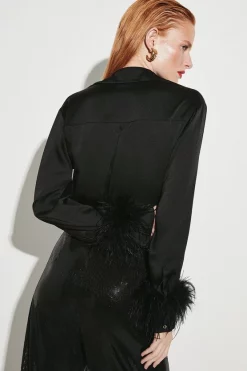 Best reviews of 😉 Karen Millen Feather Cuff Satin Woven 👚 Shirt - black 🎁 -Occasionwear Popular Store bkk06427 black xl 5