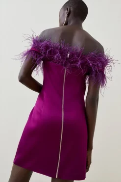 Best Sale 👍 Karen Millen Italian Structured Satin Feather Bardot Mini 👗 Dress - magenta 🎉 -Occasionwear Popular Store bkk06461 magenta xl 2