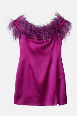 Best Sale 👍 Karen Millen Italian Structured Satin Feather Bardot Mini 👗 Dress - magenta 🎉 -Occasionwear Popular Store bkk06461 magenta xl 3