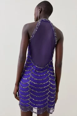 Brand new 🛒 Karen Millen Draped Beaded High Neck Mini 👗 Dress - electric blue 😍 -Occasionwear Popular Store bkk06522 electric20blue xl 2