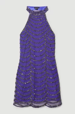 Brand new 🛒 Karen Millen Draped Beaded High Neck Mini 👗 Dress - electric blue 😍 -Occasionwear Popular Store bkk06522 electric20blue xl 3