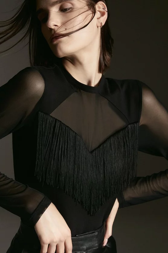 Budget ๐งจ Karen Millen Fringe Trim Mesh Detail Ponte Body - black ๐งจ 4 Budget ๐งจ Karen Millen Fringe Trim Mesh Detail Ponte Body - black ๐งจ - Image 2