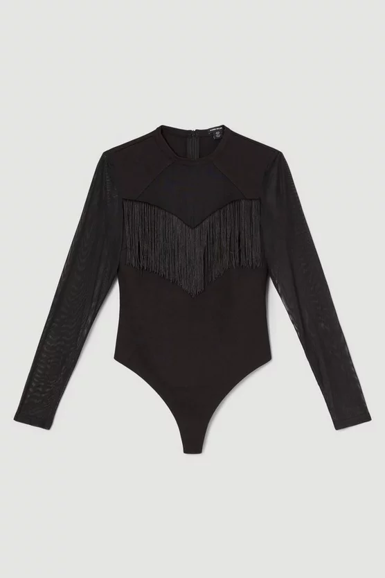 Budget ๐งจ Karen Millen Fringe Trim Mesh Detail Ponte Body - black ๐งจ 6 Budget ๐งจ Karen Millen Fringe Trim Mesh Detail Ponte Body - black ๐งจ - Image 4