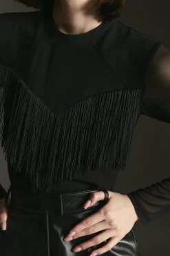 Budget ๐งจ Karen Millen Fringe Trim Mesh Detail Ponte Body - black ๐งจ 13 Budget ๐งจ Karen Millen Fringe Trim Mesh Detail Ponte Body - black ๐งจ -Occasionwear Popular Store bkk06579 black xl 4