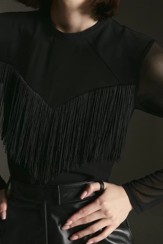 Budget ๐งจ Karen Millen Fringe Trim Mesh Detail Ponte Body - black ๐งจ 7 Budget ๐งจ Karen Millen Fringe Trim Mesh Detail Ponte Body - black ๐งจ - Image 5