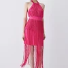 Best deal 👍 Karen Millen Fringed Ponte Detail Halter Neck Mini 👗 Dress ⭐ -Occasionwear Popular Store bkk06583 fuchsia xl