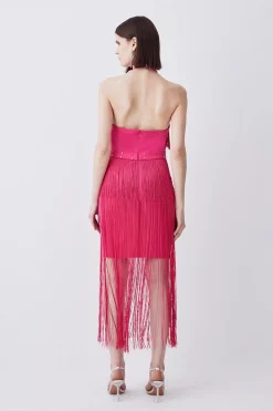Best deal 👍 Karen Millen Fringed Ponte Detail Halter Neck Mini 👗 Dress ⭐ -Occasionwear Popular Store bkk06583 fuchsia xl 2
