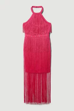 Best deal 👍 Karen Millen Fringed Ponte Detail Halter Neck Mini 👗 Dress ⭐ -Occasionwear Popular Store bkk06583 fuchsia xl 3