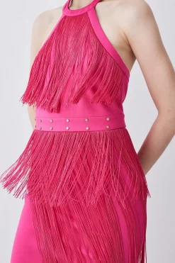 Best deal 👍 Karen Millen Fringed Ponte Detail Halter Neck Mini 👗 Dress ⭐ -Occasionwear Popular Store bkk06583 fuchsia xl 4