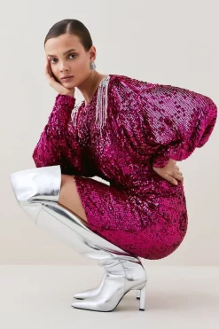 Promo 🥰 Karen Millen Tall Sequin & Crystal Embellished Woven 👗 Dress - hot pink 👍 -Occasionwear Popular Store bkk06605 hot20pink xl 4