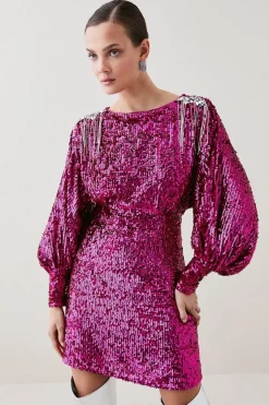 Promo 🥰 Karen Millen Tall Sequin & Crystal Embellished Woven 👗 Dress - hot pink 👍 -Occasionwear Popular Store bkk06605 hot20pink xl 5