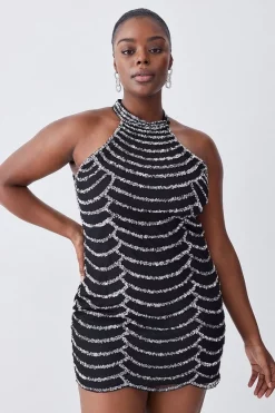 Wholesale 😀 Karen Millen Plus Size Draped Beaded High Neck Mini 👗 Dress - black 🔥