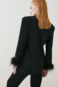 Outlet 🛒 Karen Millen Feather Cuff Detail Single Breasted Blazer ❤️ -Occasionwear Popular Store bkk06723 black xl 4