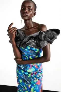 Budget ❤️ Karen Millen Weston Kaleidoscope Print Bardot Maxi 👗 Dress - blue 🎉 -Occasionwear Popular Store bkk06738 blue xl 1