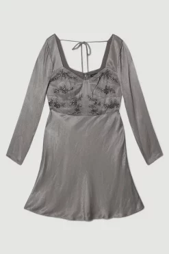 Discount 🔥 Karen Millen Satin Embellished Long Sleeve Mini 👗 Dress 🎁 -Occasionwear Popular Store bkk06739 charcoal xl 3