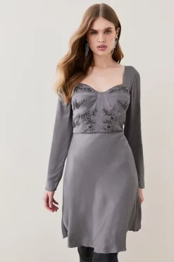 Discount 🔥 Karen Millen Satin Embellished Long Sleeve Mini 👗 Dress 🎁 -Occasionwear Popular Store bkk06739 charcoal xl 4
