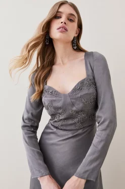 Best Pirce 😍 Karen Millen Satin Embellished Long Sleeve Midi 👗 Dress 🎉 -Occasionwear Popular Store bkk06740 charcoal xl 2